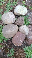 Natural earth-toned pebbles on a grassy ground. Vertical textured photo perfect as a background or nature-themed zen visual.