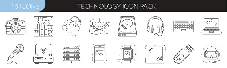 Technology Icon Pack with Modern Devices - Clean black and white icon set of modern tech devices and tools, ideal for UI, infographics, and tech-related content.
