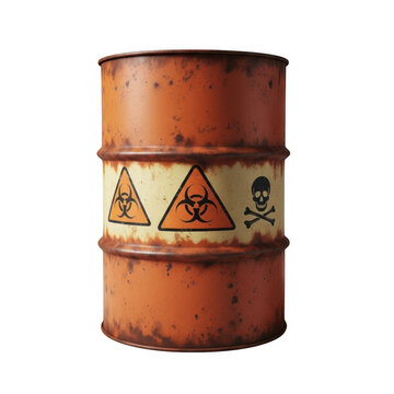Rusty biohazard barrel with warning symbols