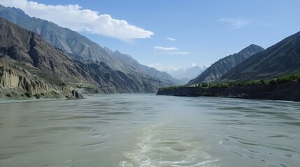 Scenic view of the Indus River, a historic waterway flowing through Pakistan and India, featuring calm waters, fertile riverbanks, traditional boats, rural villages, and lush vegetation