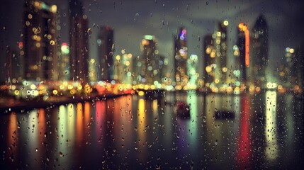 Naklejka premium Rainy Night Cityscape Through Window