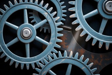 Close-up view of interlocking mechanical gears in blue tones representing engineering, industry, automation, and precision machinery concepts – perfect for technical themes – Generative AI.
