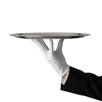 Elegant gloved hand presenting an empty silver tray, isolated on transparent background