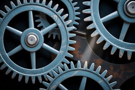 Close-up view of interlocking mechanical gears in blue tones representing engineering, industry, automation, and precision machinery concepts – perfect for technical themes – Generative AI.
