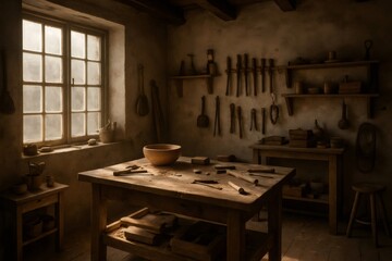 Warm sunlight illuminates a traditional artisan workshop, highlighting a wooden bowl and various tools on a workbench