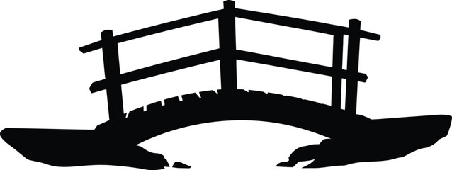 Simple black silhouette of a rustic wooden arched footbridge with railings against a white background