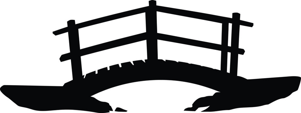 Simple black silhouette of a rustic wooden arched footbridge with railings against a white background