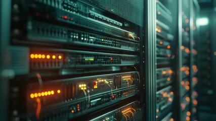 Multiple rows of servers in a modern data center, ready to process and store large amounts of digital information. - Powered by Adobe