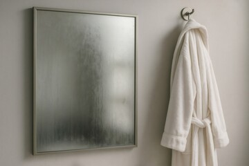 White bathrobe hanging on a hook beside a steamy mirror, creating a serene atmosphere in a modern, minimalist bathroom design