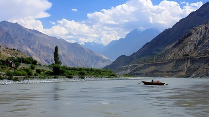 Scenic view of the Indus River, a historic waterway flowing through Pakistan and India, featuring calm waters, fertile riverbanks, traditional boats, rural villages, and lush vegetation
