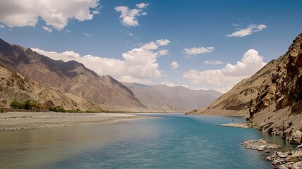 Scenic view of the Indus River, a historic waterway flowing through Pakistan and India, featuring calm waters, fertile riverbanks, traditional boats, rural villages, and lush vegetation