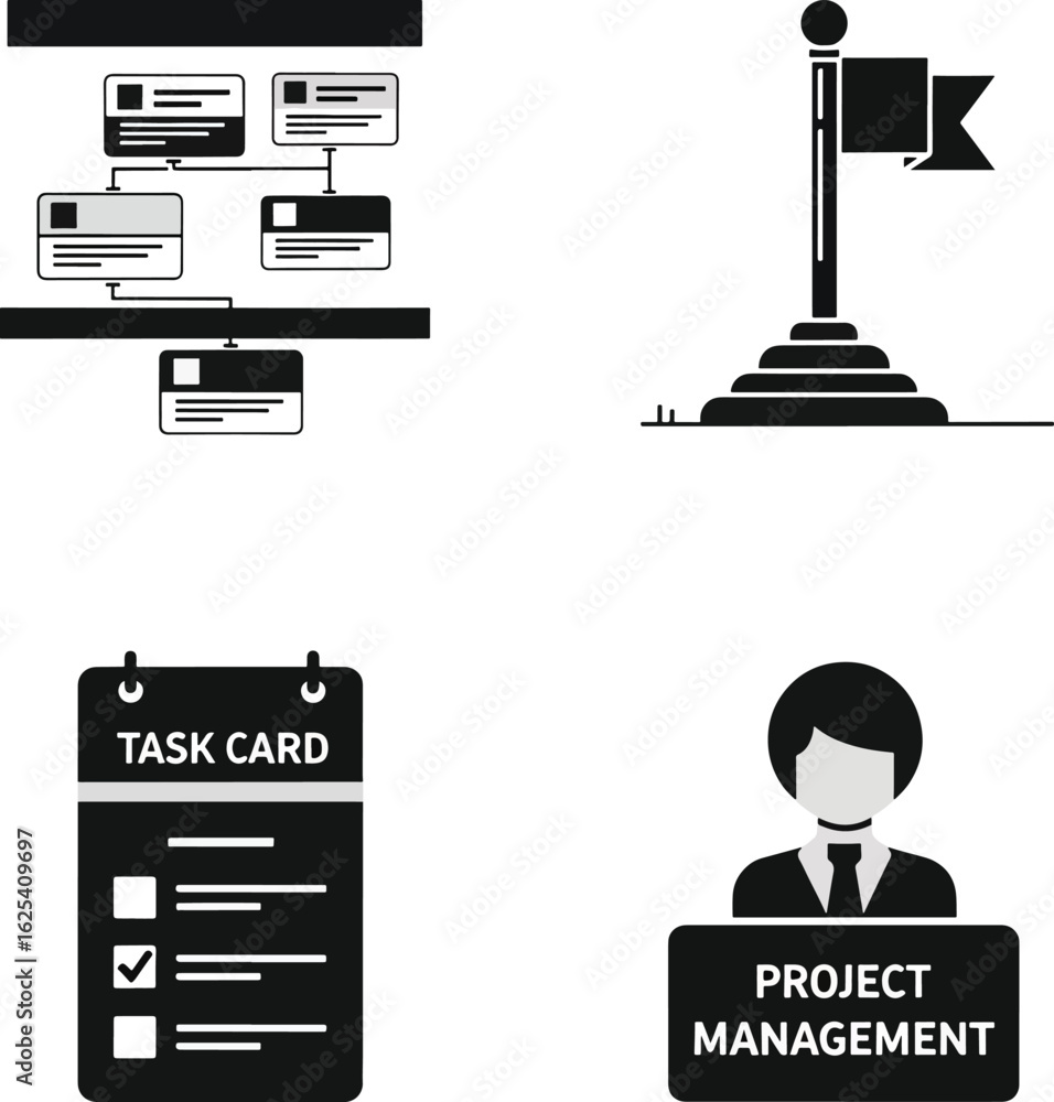Aufkleber a collection of four flat design icons illustrating key project management elements: a work breakdow