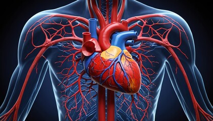 Anatomical illustration showing the human heart and vascular system in a detailed and realistic style