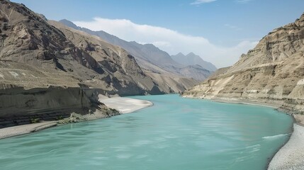 Scenic view of the Indus River, a historic waterway flowing through Pakistan and India, featuring calm waters, fertile riverbanks, traditional boats, rural villages, and lush vegetation