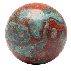 Polished sphere with swirling, marbled patterns of red and teal
