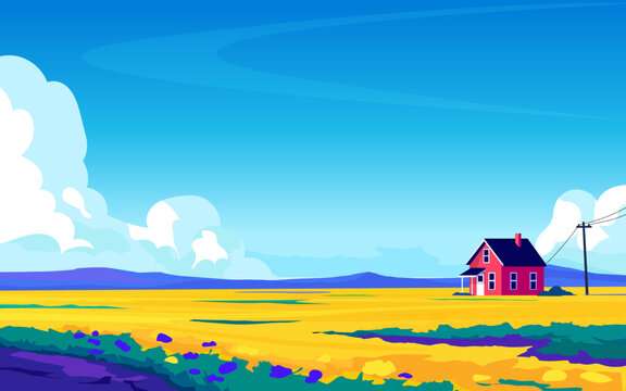 Bright vector landscape of red rural house in golden field under blue sky with distant hills and power lines
