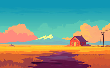 Stylized rural landscape with red house, sunset sky, power lines, and distant snow-capped mountain in vector illustration
