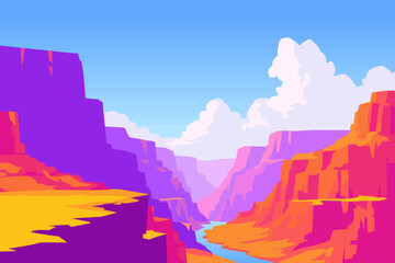 Vibrant vector illustration of colorful canyon landscape with river, cliffs, and dramatic sky in stylized flat design

