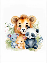 Cute watercolor baby animals for nursery wall art, soft pastel colors, white background, baby lion, giraffe, elephant and panda, hand-painted style, high-resolution printable