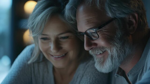 Older man and woman laughing at something on a device, suggesting connection, sharing joke, or planning trip.