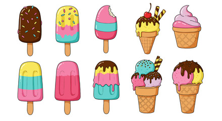 Colorful cartoon ice cream and popsicle illustration set in flat style. Includes various frozen treats like cones, scoops, and bars. Perfect for summer, kids, packaging, or playful food designs