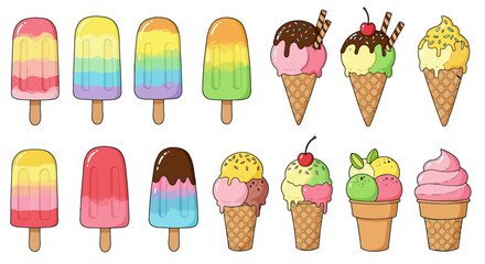 Colorful cartoon ice cream and popsicle illustration set in flat style. Includes various frozen treats like cones, scoops, and bars. Perfect for summer, kids, packaging, or playful food designs