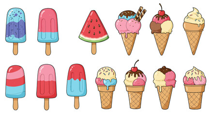 Colorful cartoon ice cream and popsicle illustration set in flat style. Includes various frozen treats like cones, scoops, and bars. Perfect for summer, kids, packaging, or playful food designs