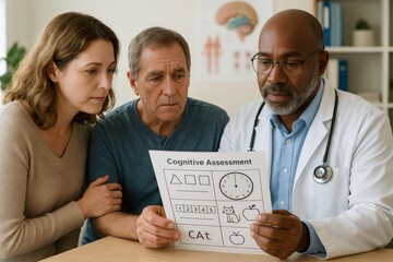 Neurologist showing cognitive assessment test to senior patient and his caregiver during medical consultation in hospital office