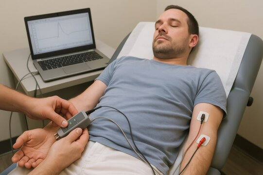 Doctor is performing electromyography, using an electrical stimulator to test nerve responses of a patient lying on medical bed