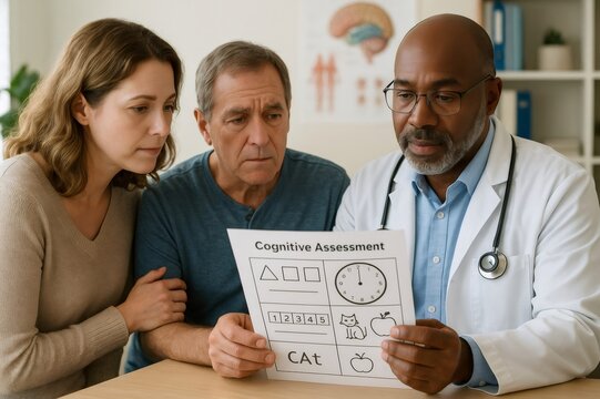 Neurologist showing cognitive assessment test to senior patient and his caregiver during medical consultation in hospital office - Powered by Adobe