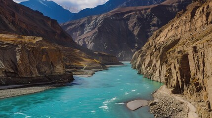 Scenic view of the Indus River, a historic waterway flowing through Pakistan and India, featuring calm waters, fertile riverbanks, traditional boats, rural villages, and lush vegetation
