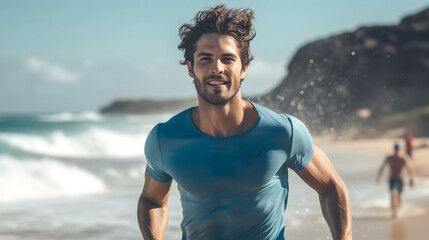 Young man jogging on sandy beach during sunny day with waves crashing in background