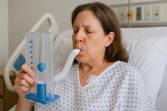 Middle aged female patient using incentive spirometer, performing respiratory exercises during recovery in hospital room