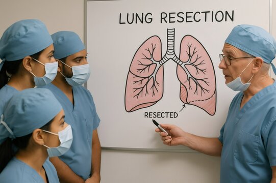 Surgeon explaining lung resection to medical team during surgical education session in hospital operating room