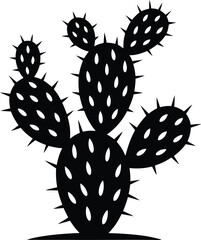 A detailed black silhouette of a prickly pear cactus with many spines standing against a white background silhouette