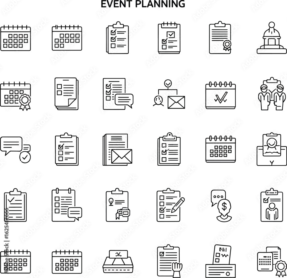 Aufkleber a set of thin line icons representing various aspects of event planning and organization.