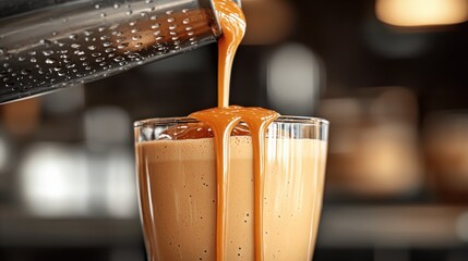 Naklejka premium Craft milkshake topped with rich caramel sauce streaming into thick vanilla speckled shake in elegant tall glass at upscale dining establishment