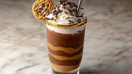 Premium craft milkshake with alternating chocolate and caramel layers topped with cream, chocolate pieces, chocolate chip cookie and metal straw on luxurious marble background