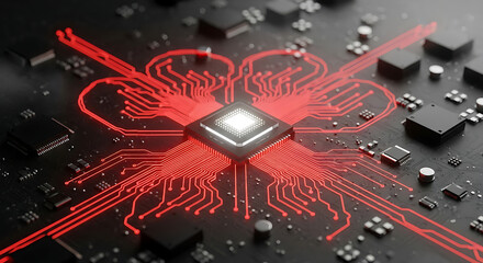 Close up of a central processing unit with red lines on a dark circuit board background design view