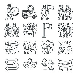Obraz premium Celebration icons set with parade, festivity, music, dance, and party elements
