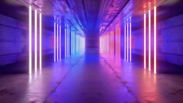 A long hallway with neon lights. The lights are in different colors. The hallway is empty. There is a wall in the background