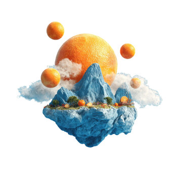 Floating island of oranges in a surreal landscape