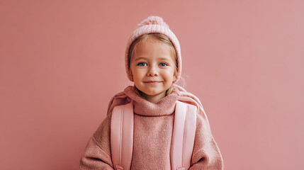 Full body photo of smiling girl with pink backpack standing indoors. Stylish kids&rsquo; portrait ideal for school campaigns, education ads, and child lifestyle visuals. NEW SEASONS