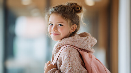 Full body photo of smiling girl with pink backpack standing indoors. Stylish kids&rsquo; portrait ideal for school campaigns, education ads, and child lifestyle visuals. NEW SEASONS