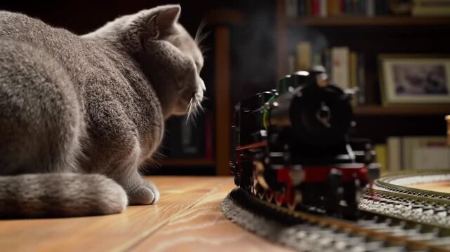 Curious gray cat watching a toy train on tracks in a cozy indoor setting with warm lighting.
