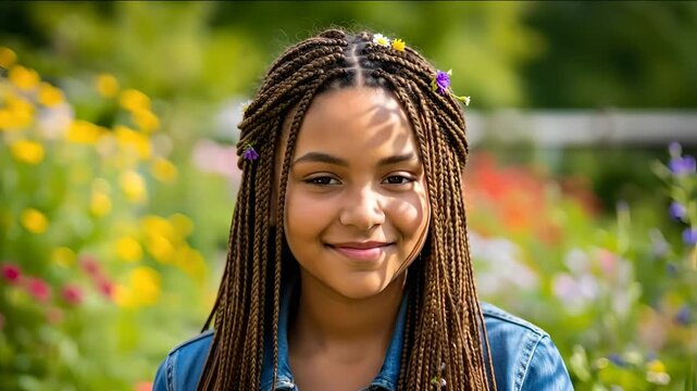 Smiling young girl with brown box braids adorned with tiny flowers stands in garden, captured in a bright, soft focus close-up portrait conveying innocence and beauty. For youth culture,