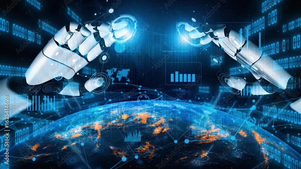 Aufkleber innovative visual of robotic hands extending towards each other over the globe, symbolizing the futu