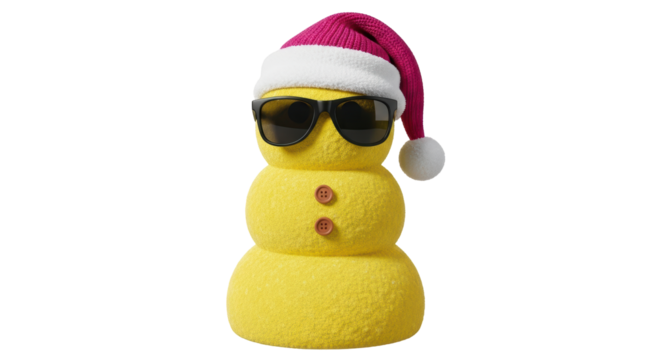Isolated Cheerful Snowman with Pink Santa Hat and Sunglasses