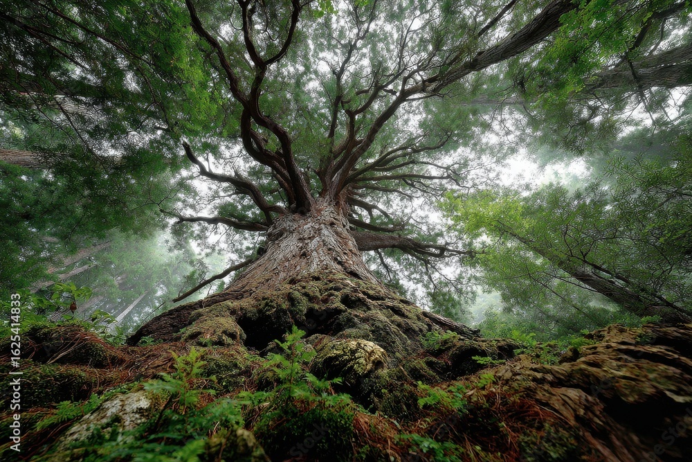 Poster sunlight filtering through tall trees in a redwood forest at dawn creates a calming mood