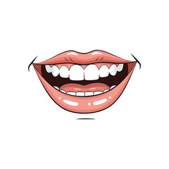 Naklejka premium (Wide Smile Cartoon Mouth. This vibrant illustration captures a joyous expression. Glossy pink lips reveal healthy white teeth and gums, conveying happiness, cheer, and positive emotion.)